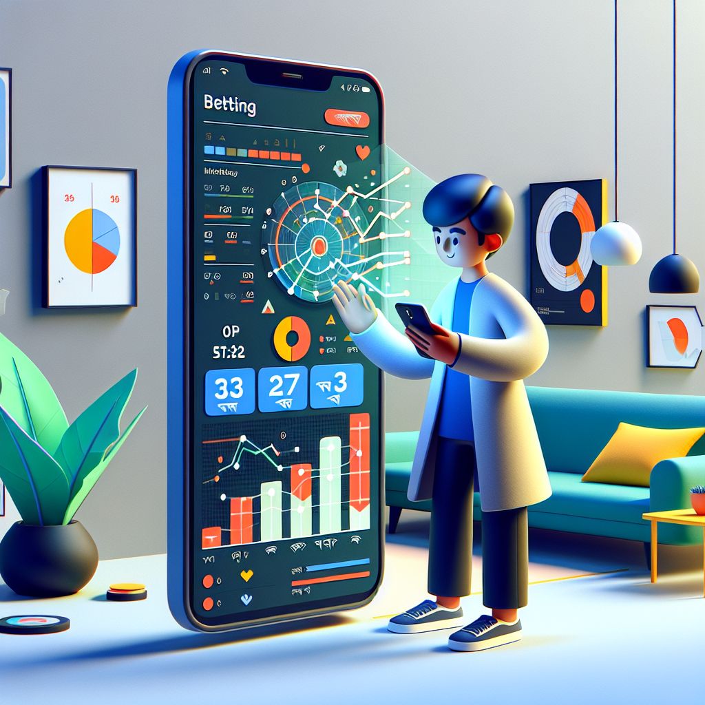 Cartoon character in Bangladesh using a betting stats app on a smartphone