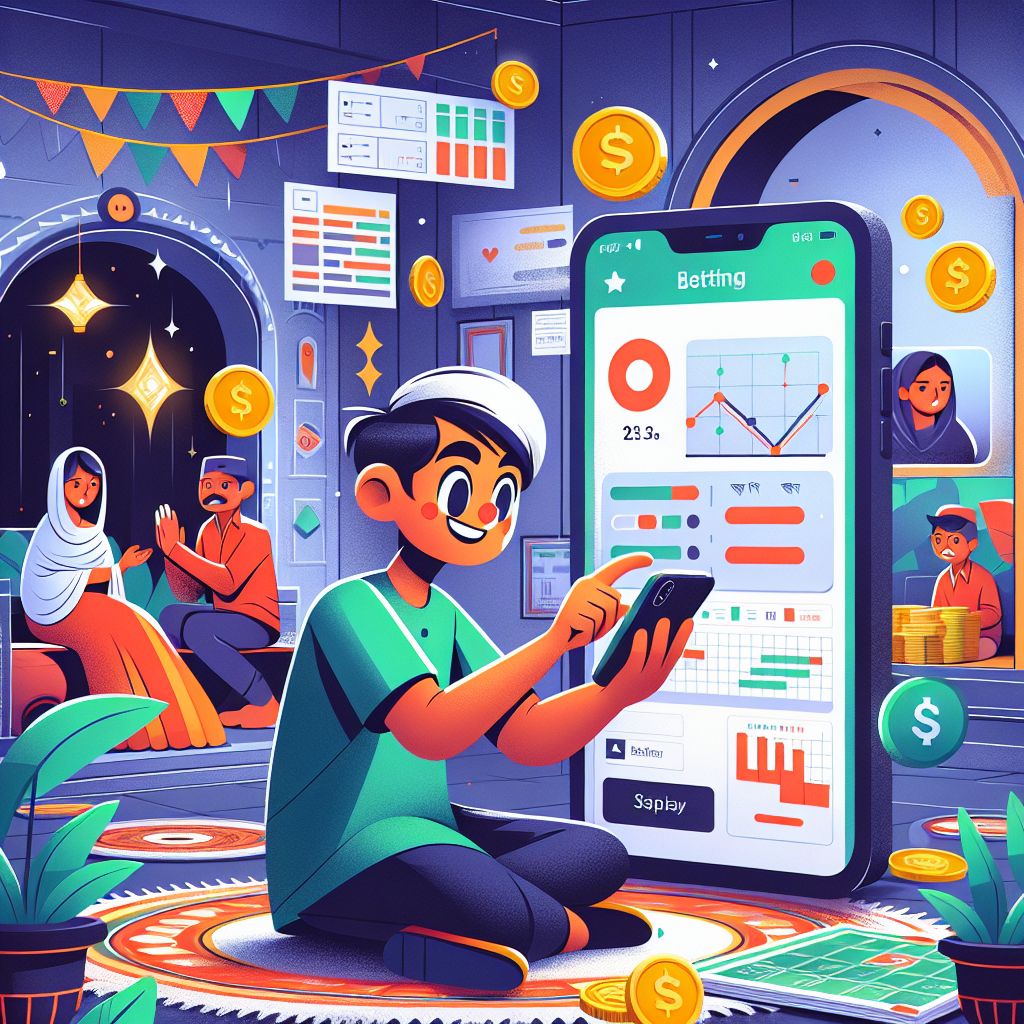 Cartoon character using a betting app with charts and coins around