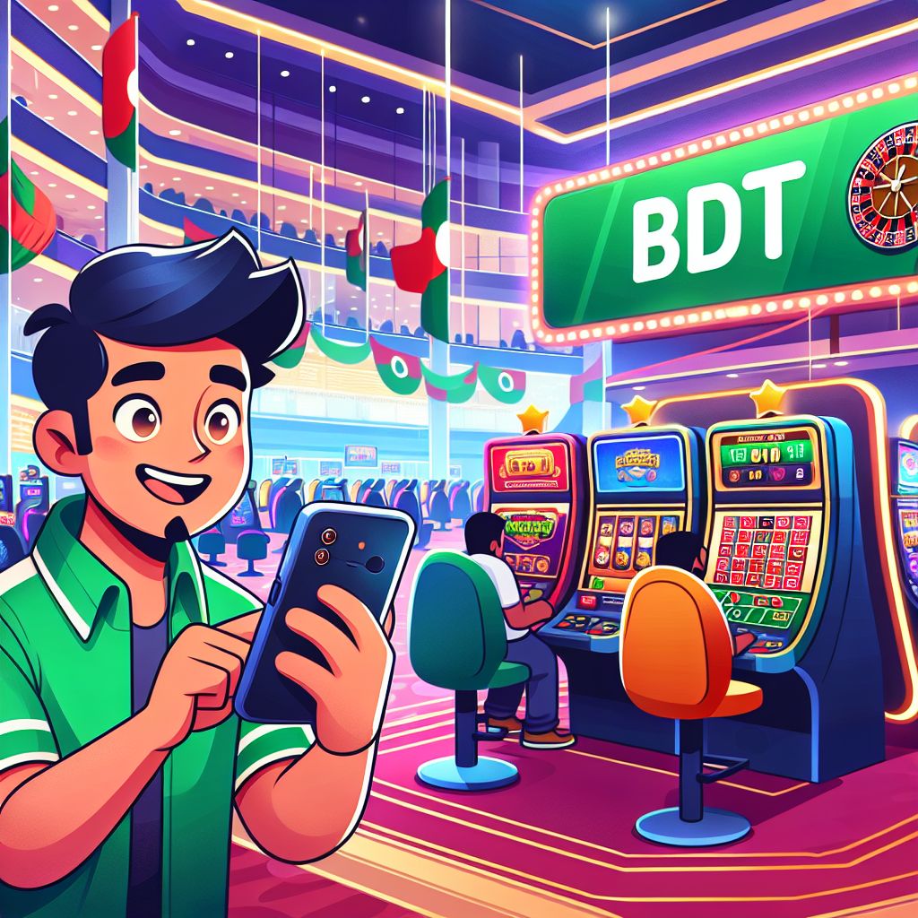 Cartoon-style Bangladeshi gamer in a vibrant BDT1111 casino environment with slots and live tables