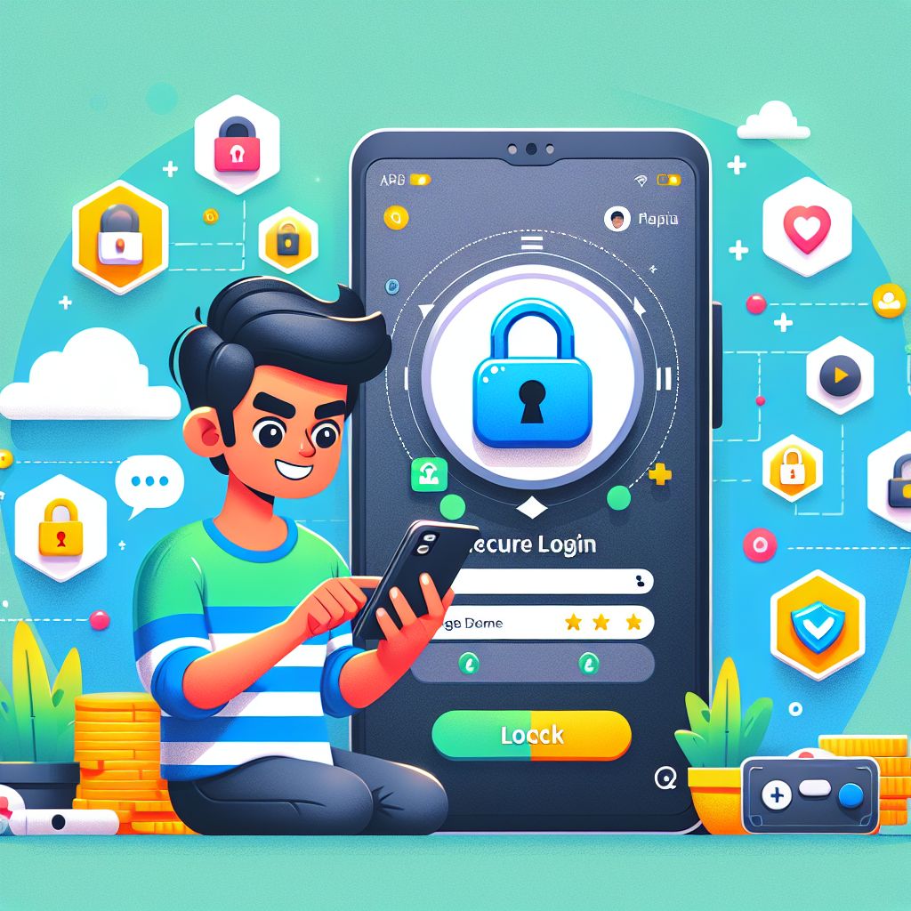 Cartoon player securely logging into a gaming app on a smartphone