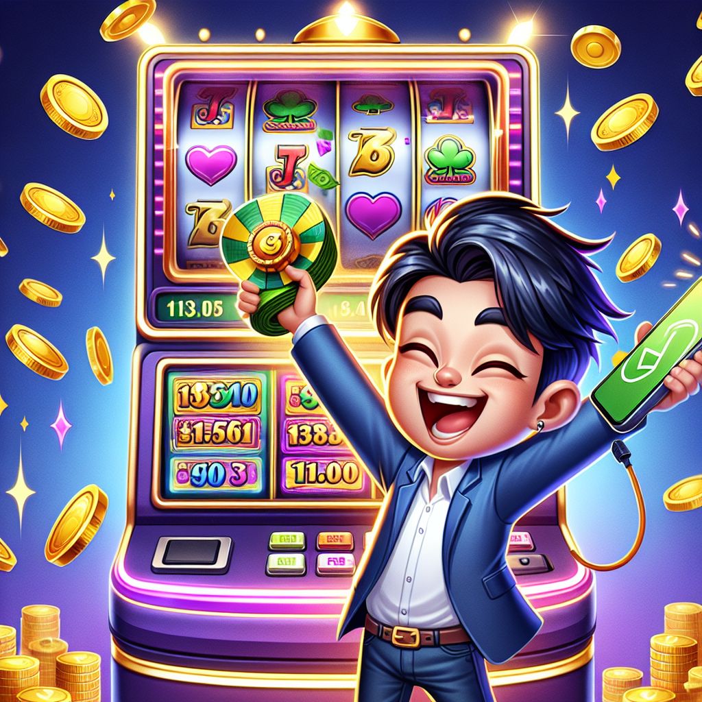 Cartoon characters spinning colorful slot reels with coins flying around